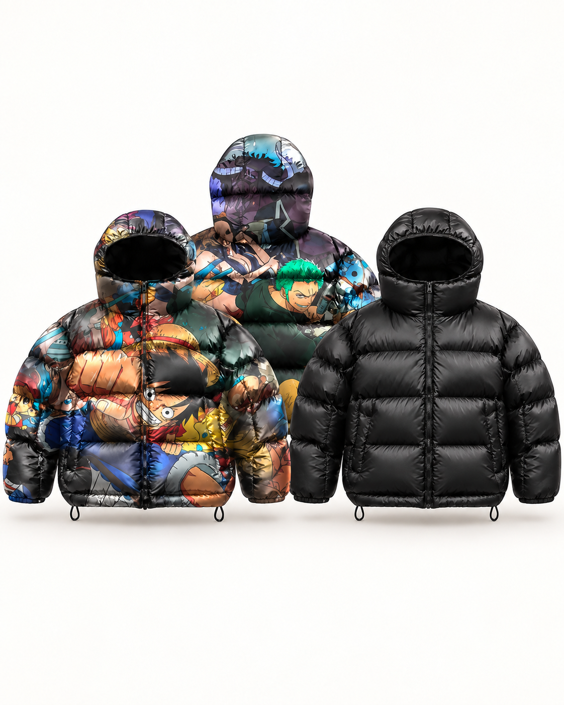 Puff Jacket anime Luffy & Zoro avec modèle noir — photo produit studio